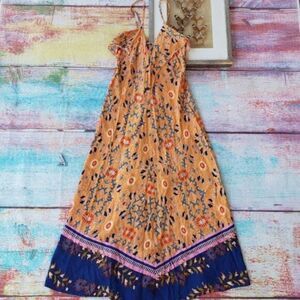 Lani Orange Multicolored Floral Sleeveless Flowy A-line Boho Maxi Dress S Summer